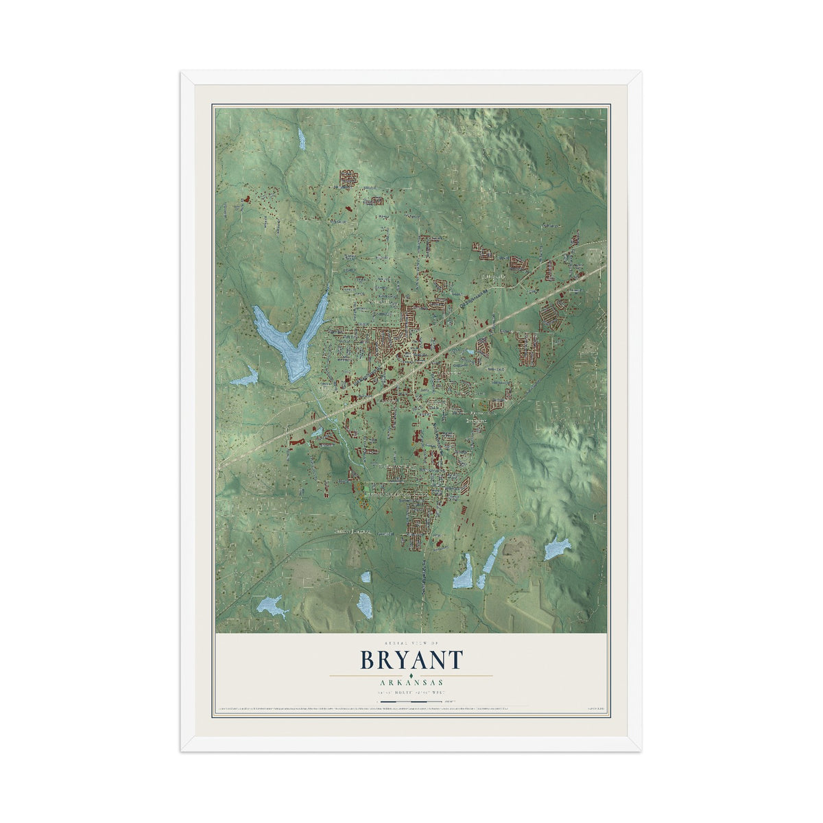 Map of Bryant, Arkansas, 12 x 18 inch print in a white wood frame