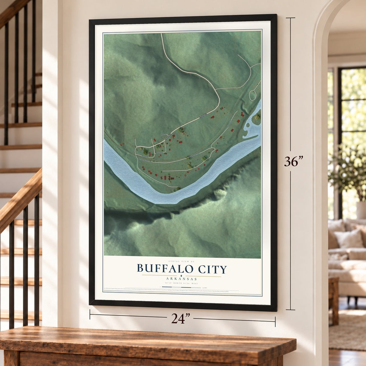 Buffalo City, Arkansas map, 24 x 36 inch print in a black frame by a staircase