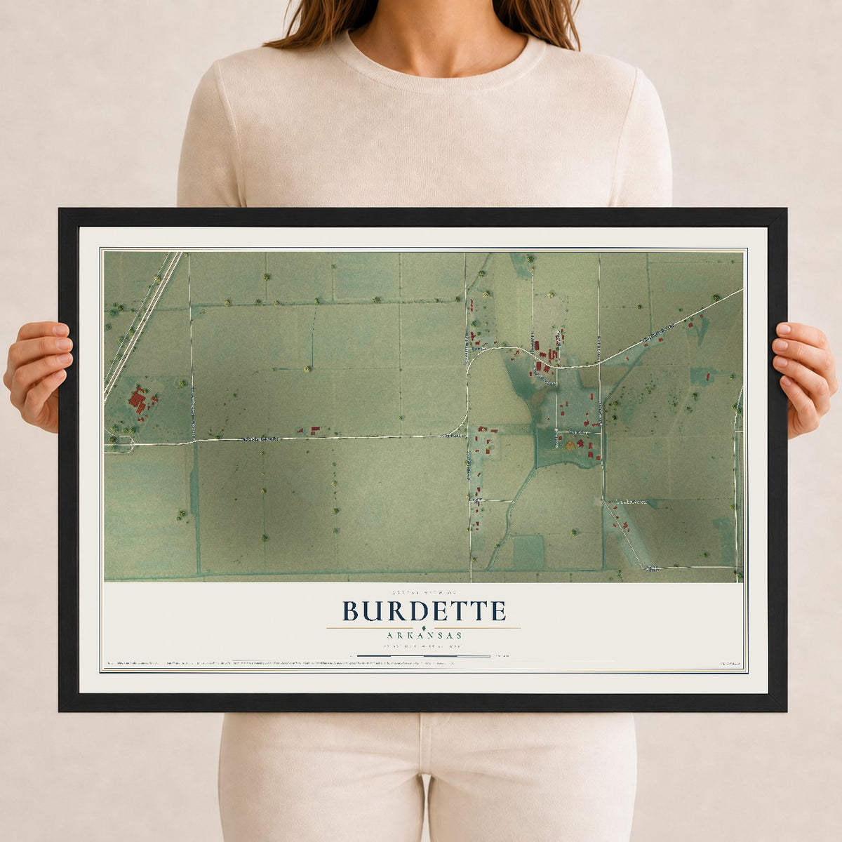 Map of Burdette, Arkansas, 12 x 18 inch print in a black wood frame