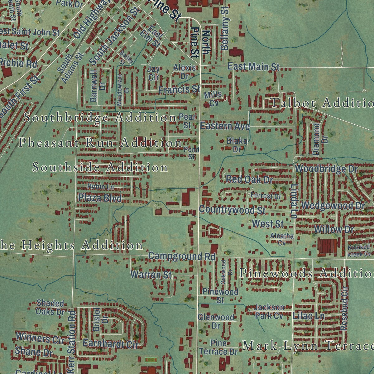 Close-up of the map of Cabot, Arkansas print showing street and building detail