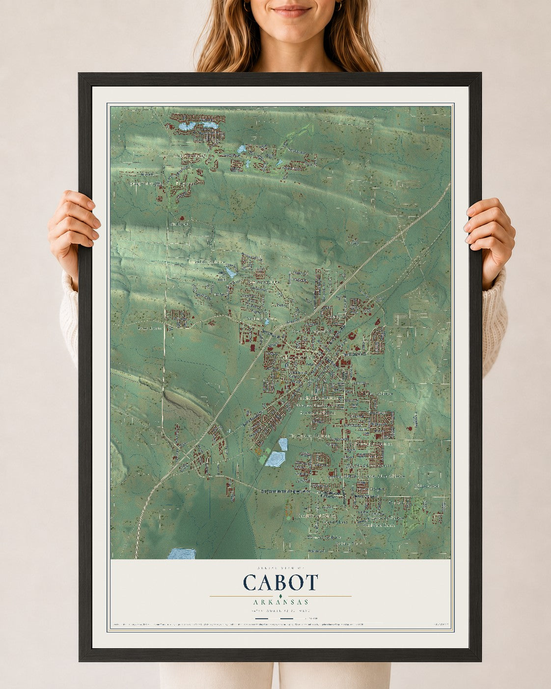 Map of Cabot, Arkansas, 24 x 36 inch print in a black wood frame