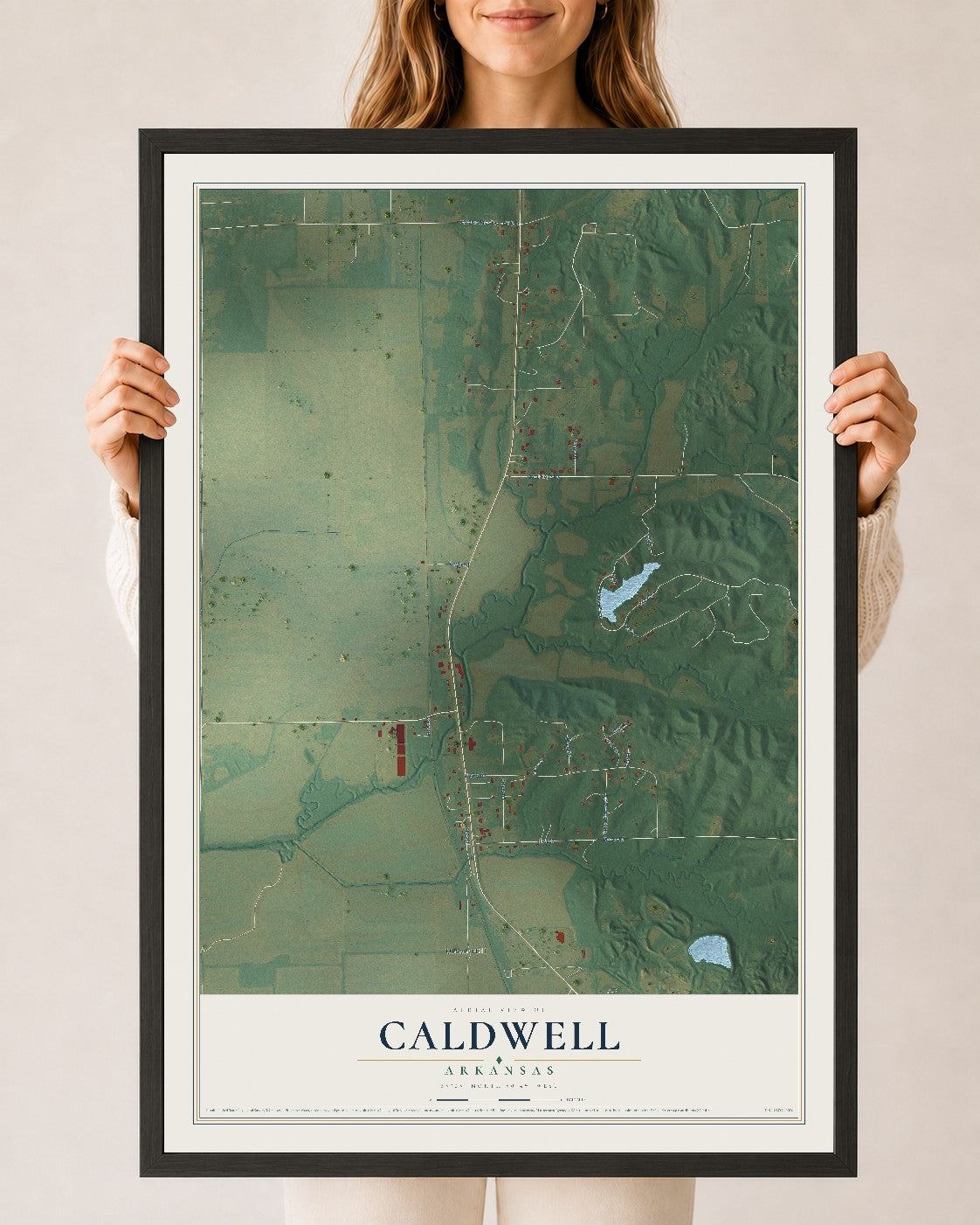 Map of Caldwell, Arkansas, 24 x 36 inch print in a black wood frame