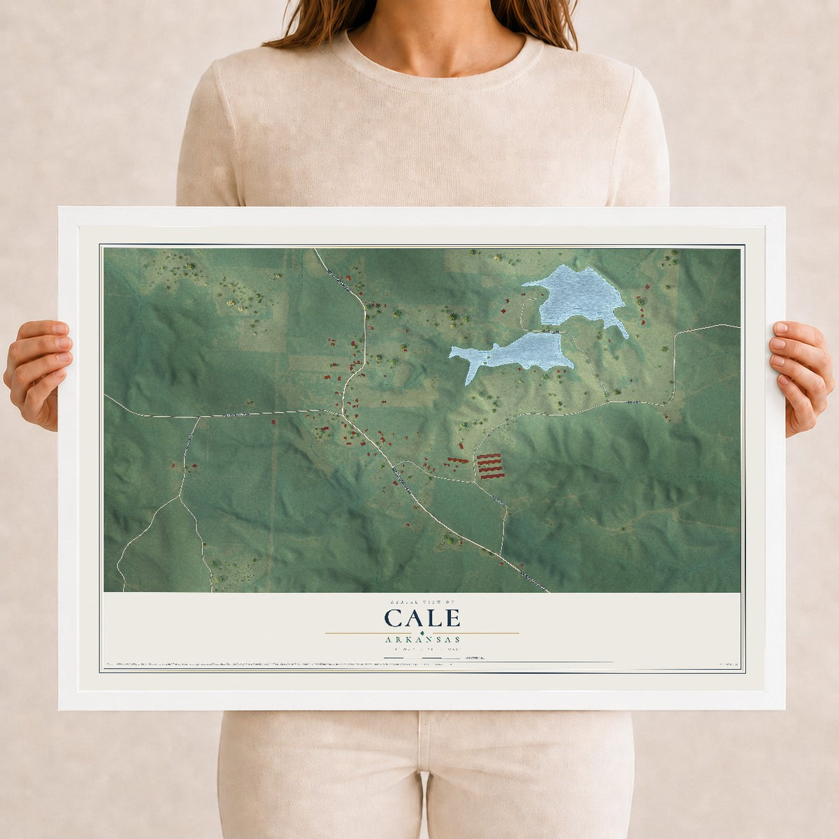 Map of Cale, Arkansas, 12 x 18 inch print in a white wood frame