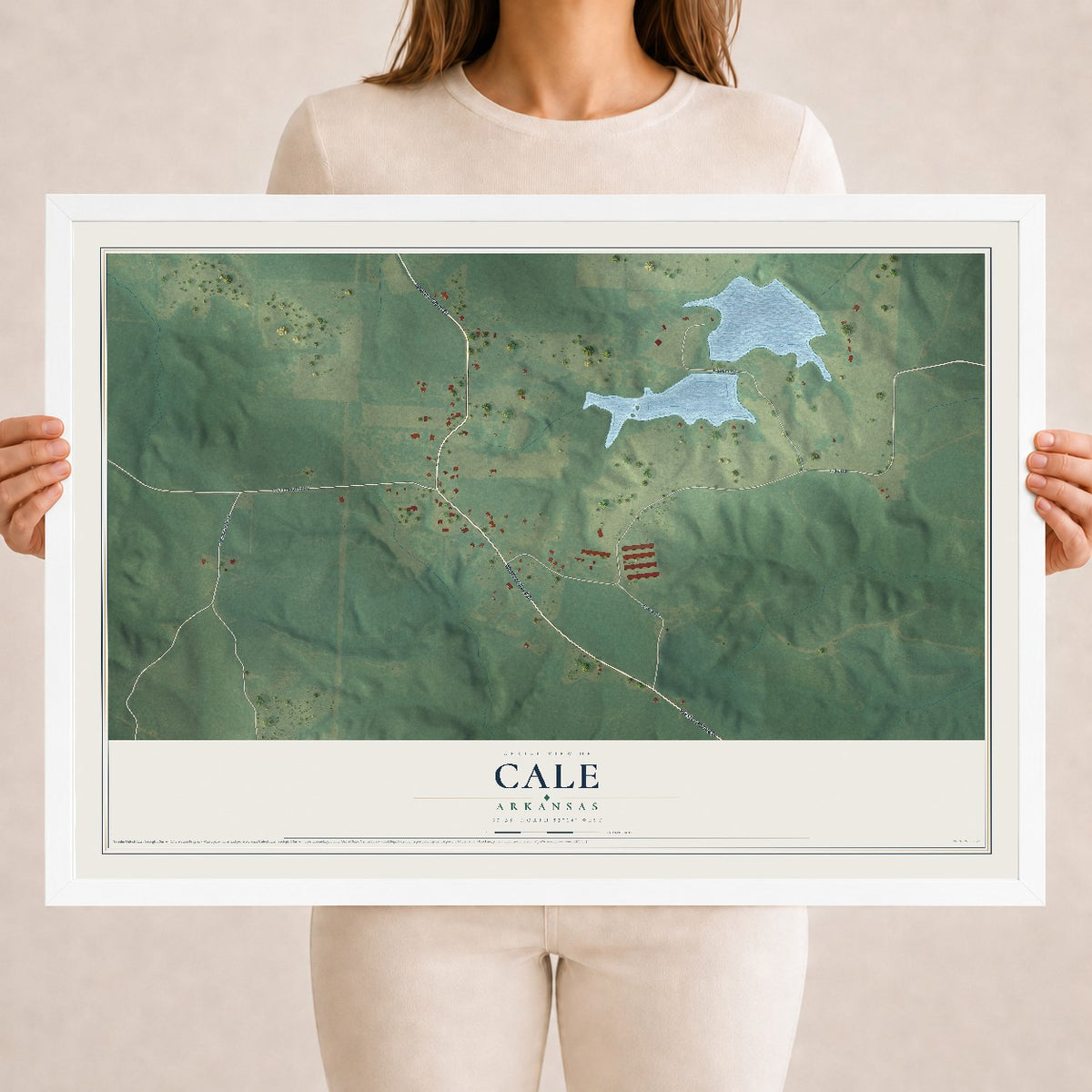 Map of Cale, Arkansas, 18 x 24 inch print in a white wood frame