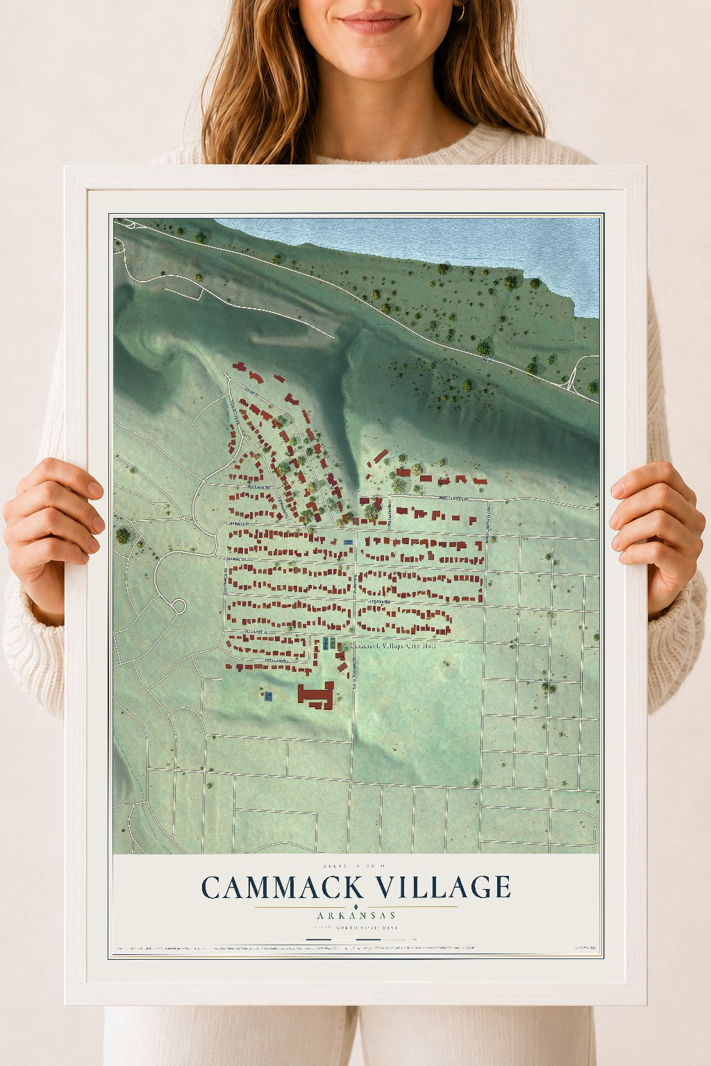 Map of Cammack Village, Arkansas, 18 x 24 inch print in a white wood frame