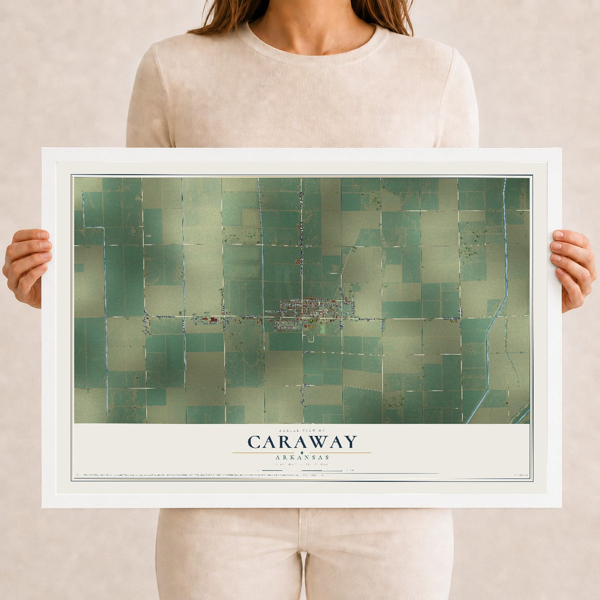 Map of Caraway, Arkansas, 12 x 18 inch print in a white wood frame