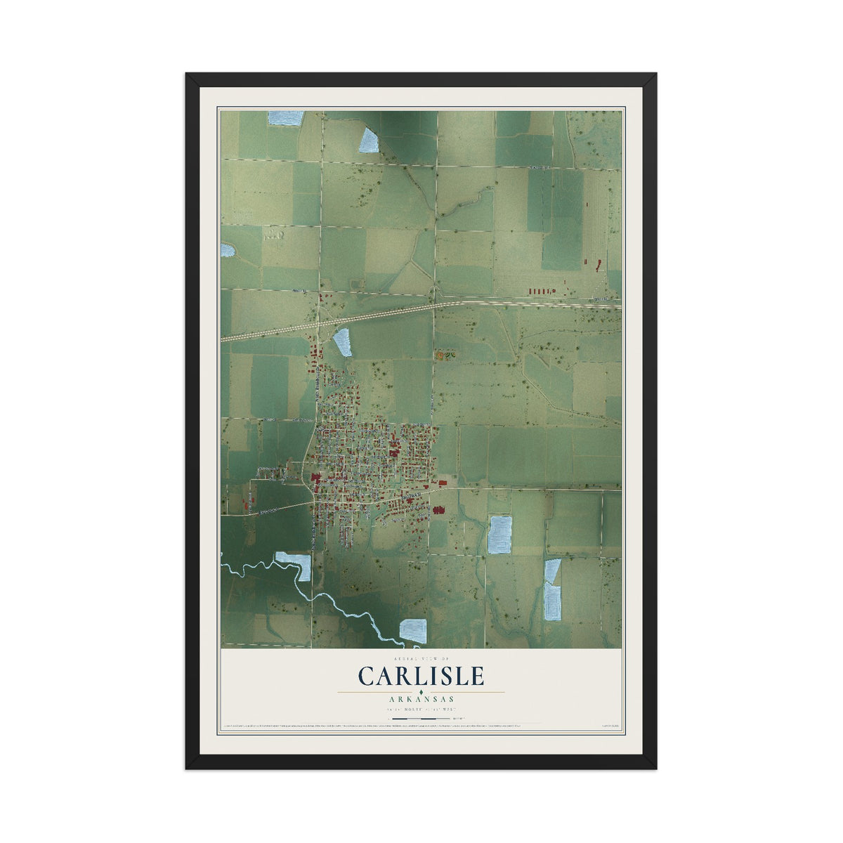 Map of Carlisle, Arkansas, 12 x 18 inch print in a black wood frame