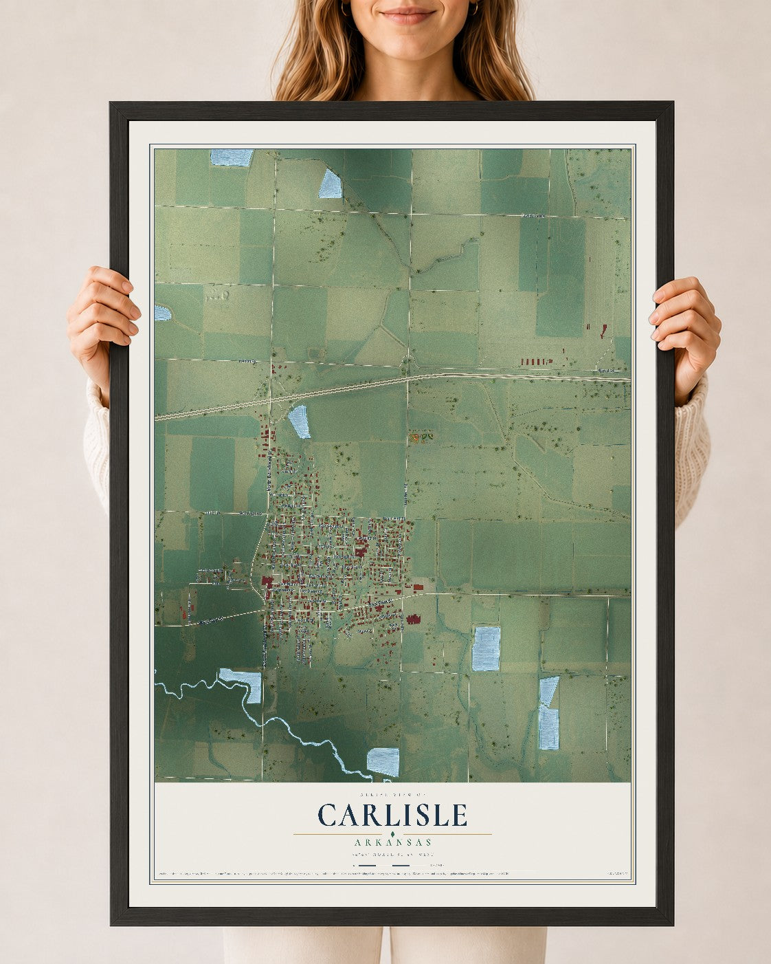 Map of Carlisle, Arkansas, 24 x 36 inch print in a black wood frame