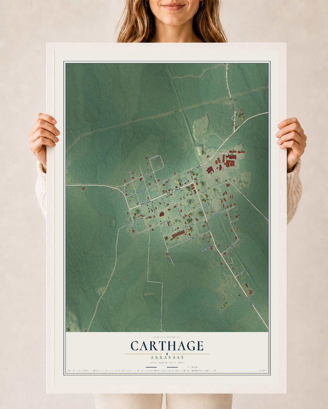 Map of Carthage, Arkansas, 24 x 36 inch print in a white wood frame