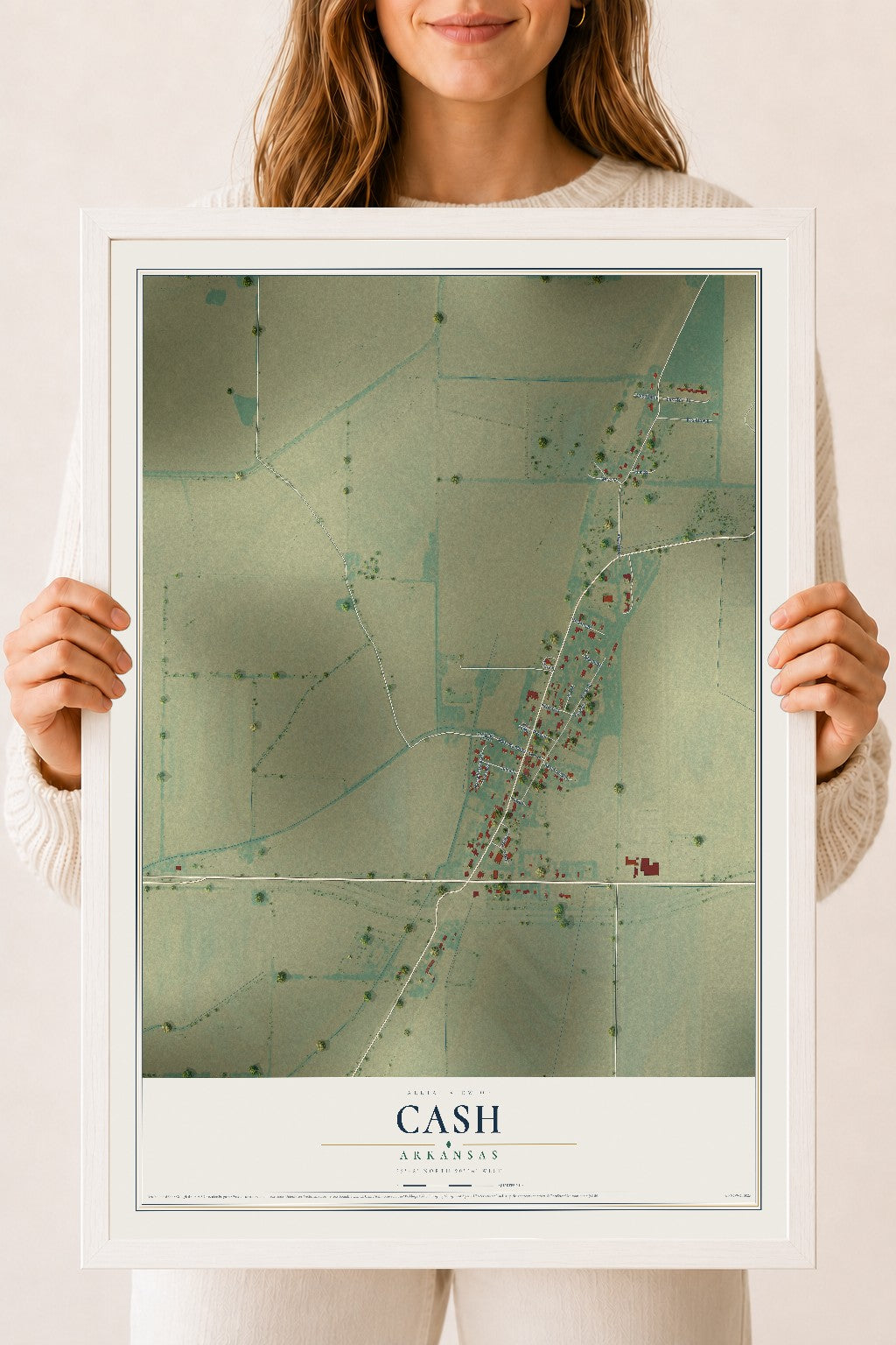 Map of Cash, Arkansas, 18 x 24 inch print in a white wood frame