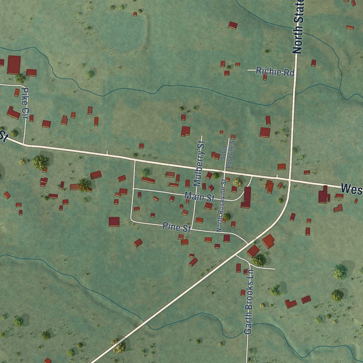 Close-up of the map of Caulksville, Arkansas print showing street and building detail