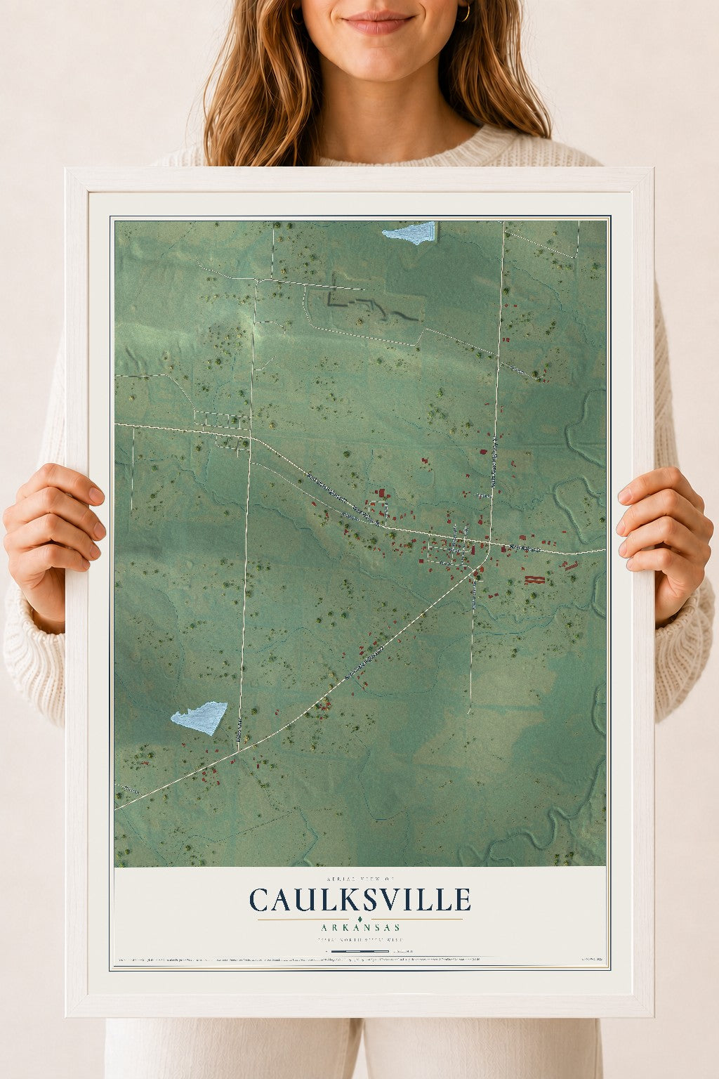 Map of Caulksville, Arkansas, 18 x 24 inch print in a white wood frame