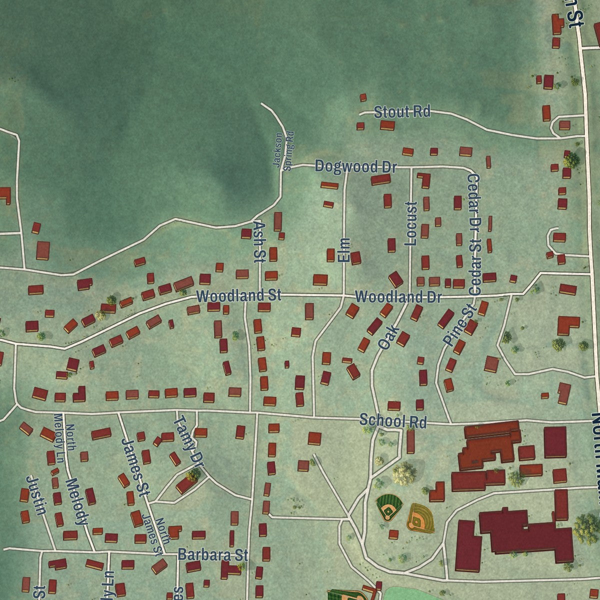 Second close-up of the map of Cave City, Arkansas print showing more streets and buildings