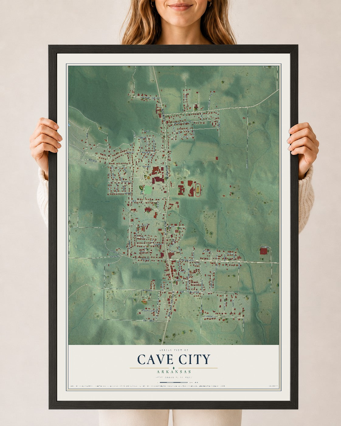 Map of Cave City, Arkansas, 24 x 36 inch print in a black wood frame