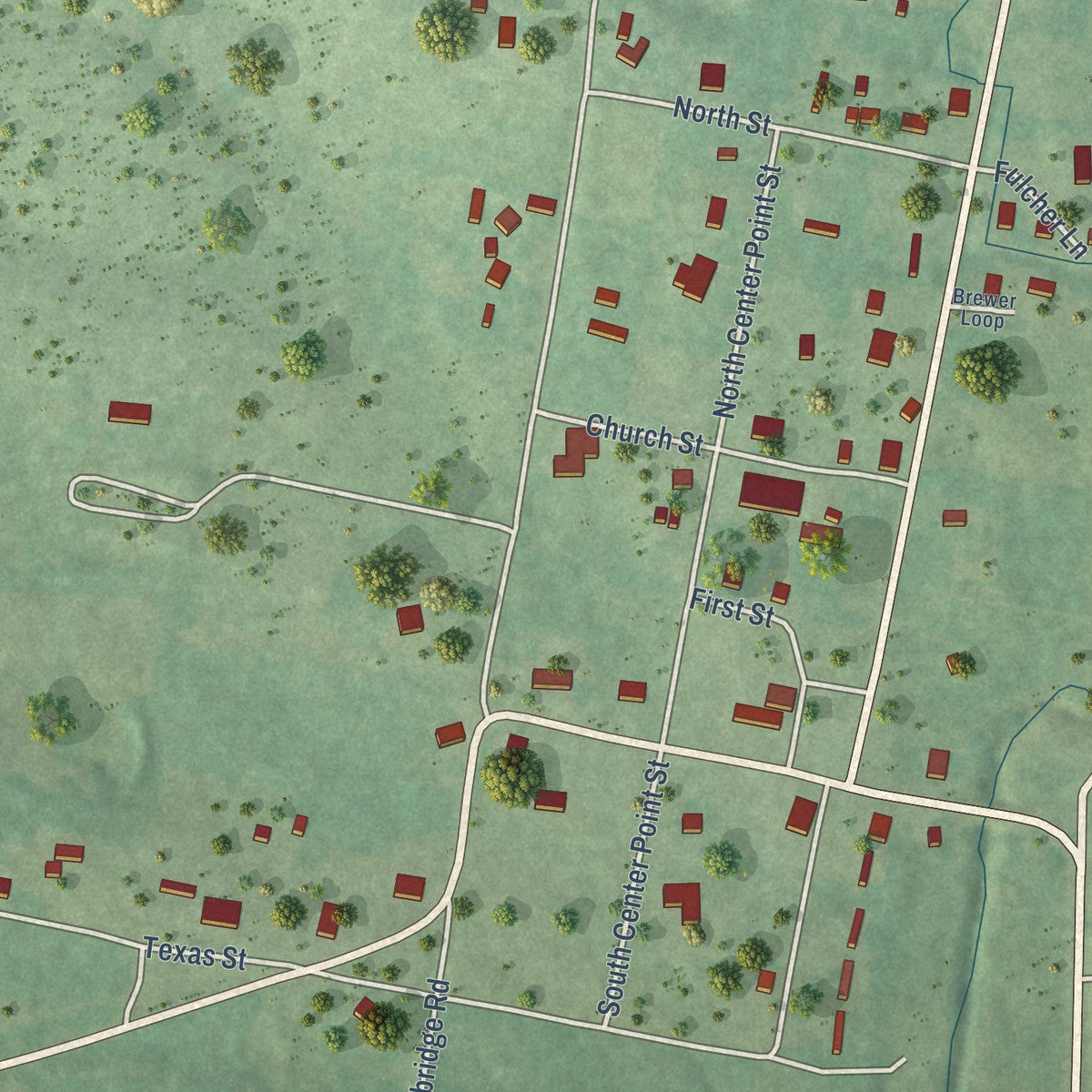 Close-up of the map of Center Point, Arkansas print showing street and building detail