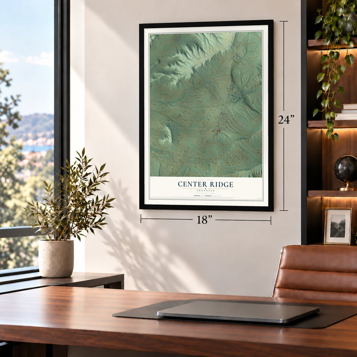 Center Ridge, Arkansas map, 18 x 24 inch print in a black frame in a home office