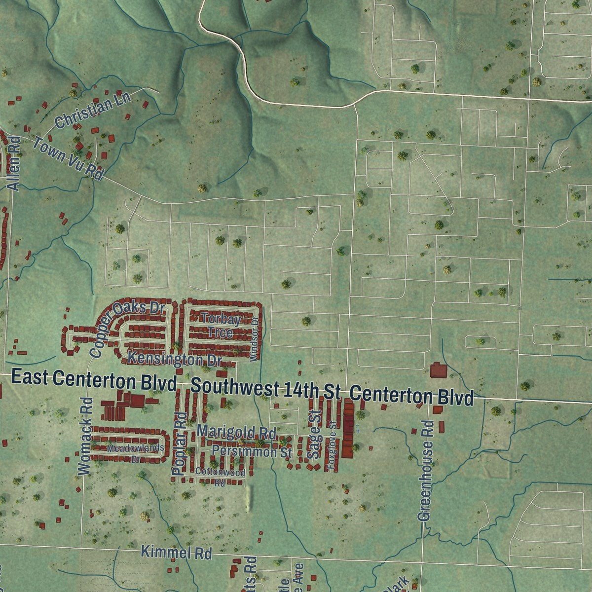 Second close-up of the map of Centerton, Arkansas print showing more streets and buildings