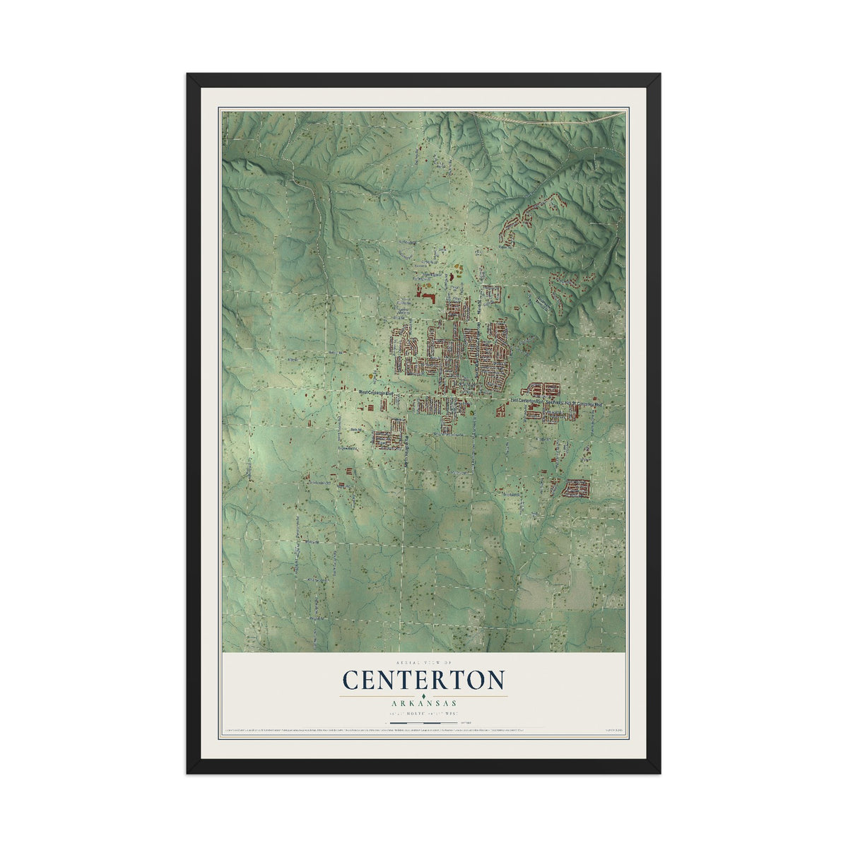 Map of Centerton, Arkansas, 12 x 18 inch print in a black wood frame