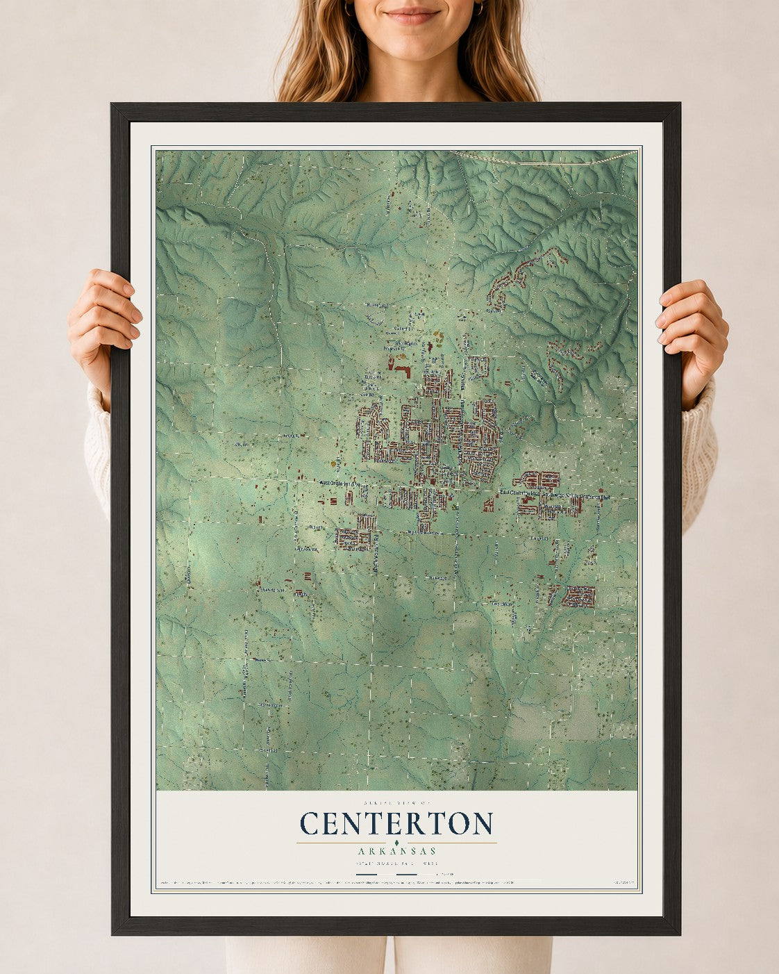 Map of Centerton, Arkansas, 24 x 36 inch print in a black wood frame