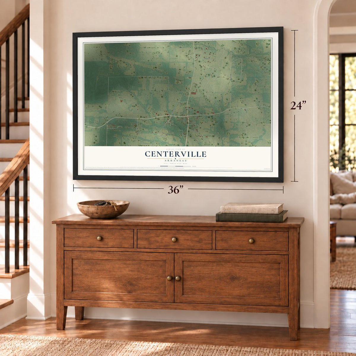 Centerville, Arkansas map, 24 x 36 inch print in a black frame above a dresser by a staircase