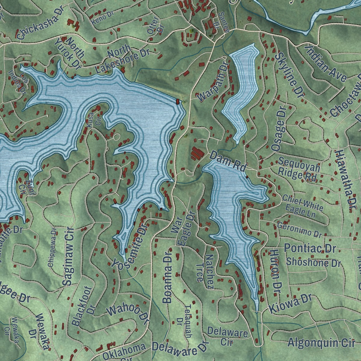 Close-up of the map of Cherokee Village, Arkansas print showing street and building detail