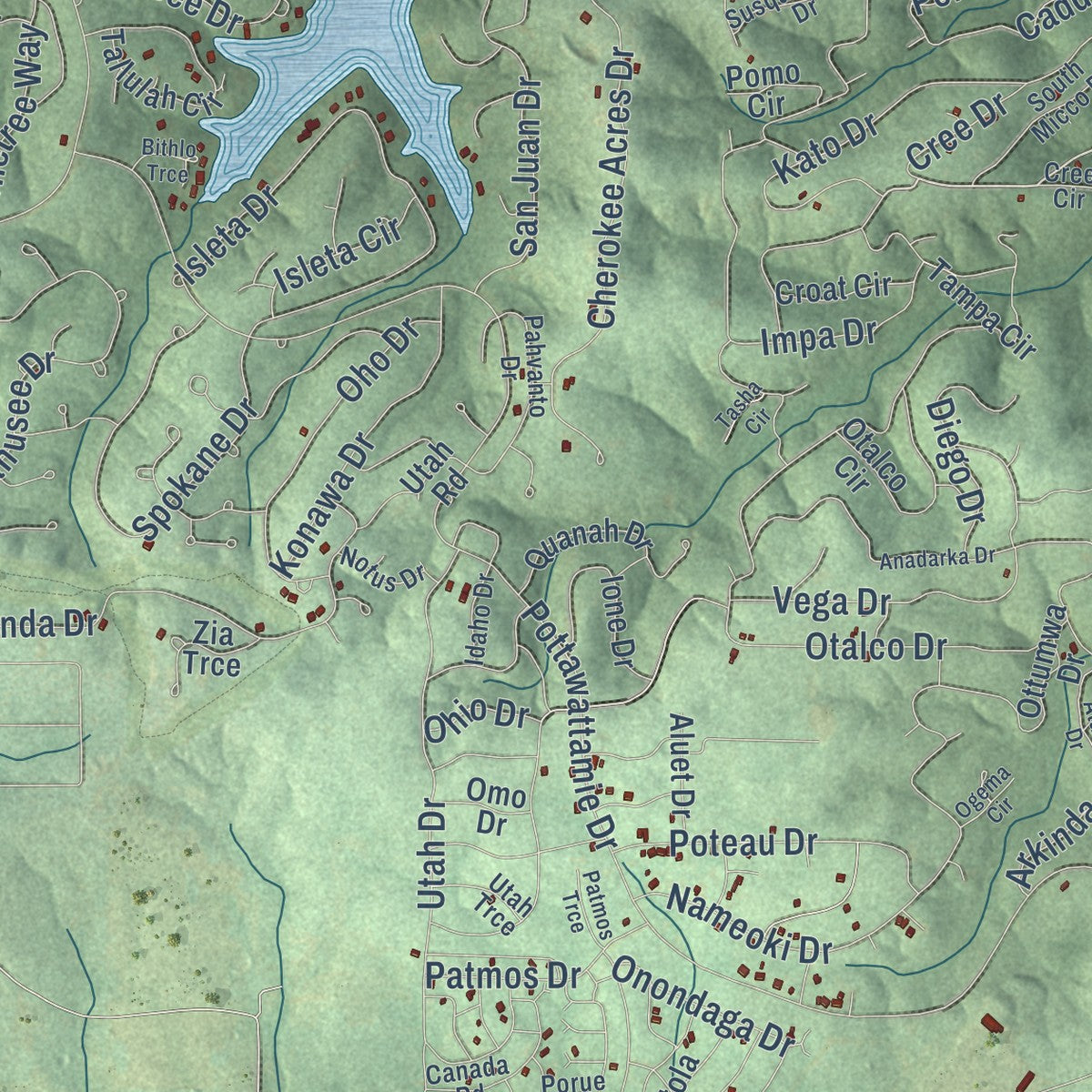Second close-up of the map of Cherokee Village, Arkansas print showing more streets and buildings