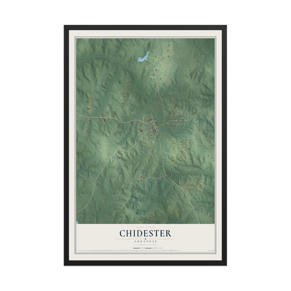 Map of Chidester, Arkansas, 12 x 18 inch print in a black wood frame