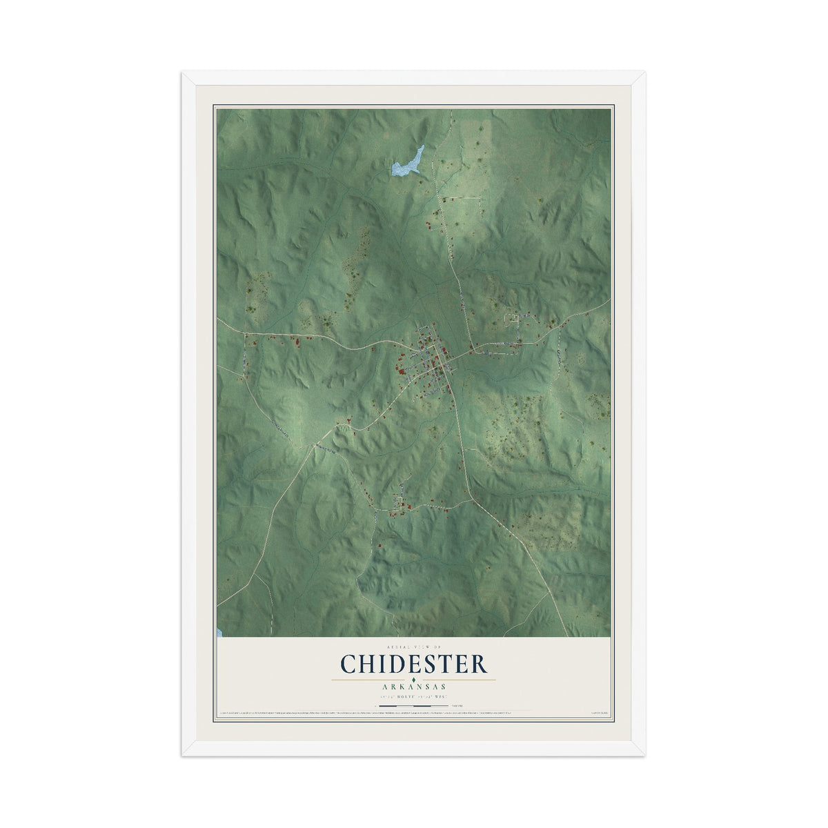 Map of Chidester, Arkansas, 12 x 18 inch print in a white wood frame