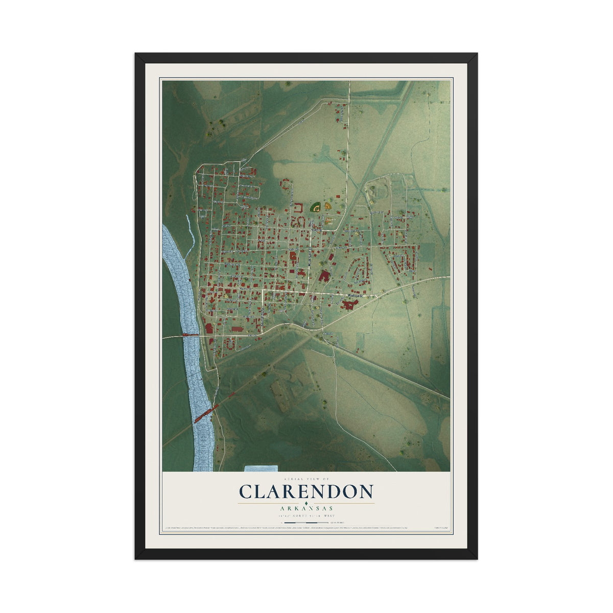 Map of Clarendon, Arkansas, 12 x 18 inch print in a black wood frame