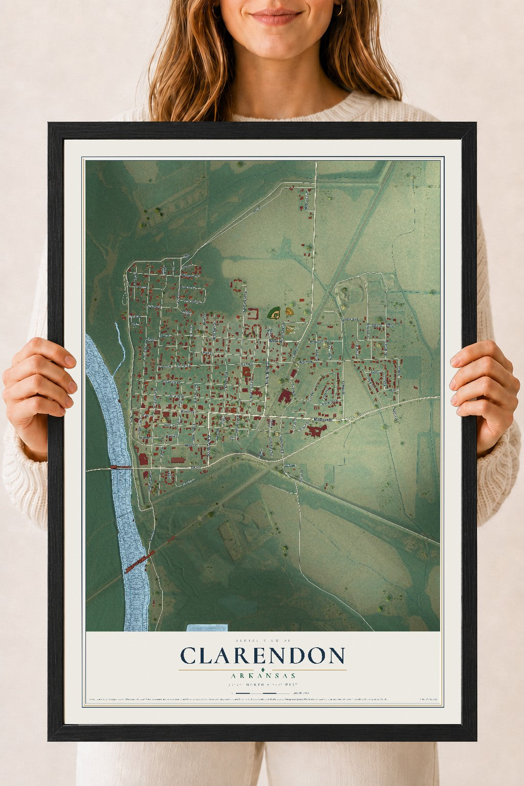 Map of Clarendon, Arkansas, 18 x 24 inch print in a black wood frame