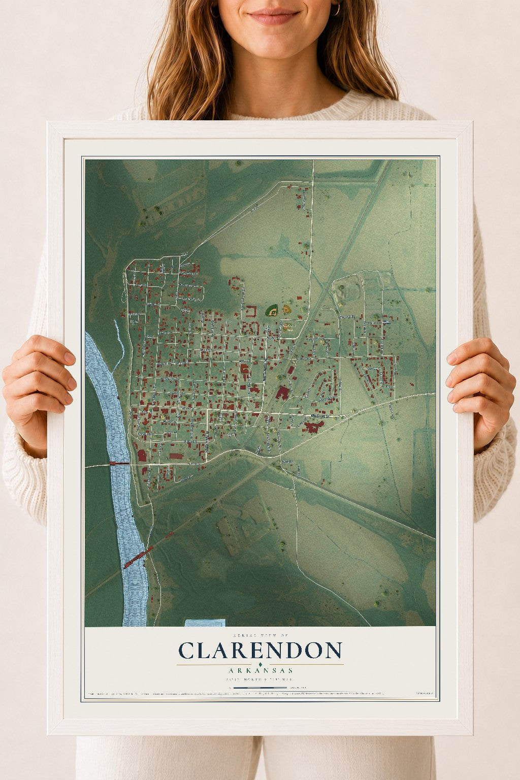 Map of Clarendon, Arkansas, 18 x 24 inch print in a white wood frame
