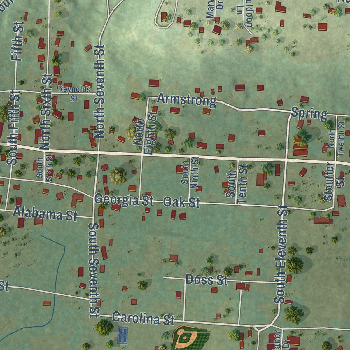 Close-up of the map of Coal Hill, Arkansas print showing street and building detail