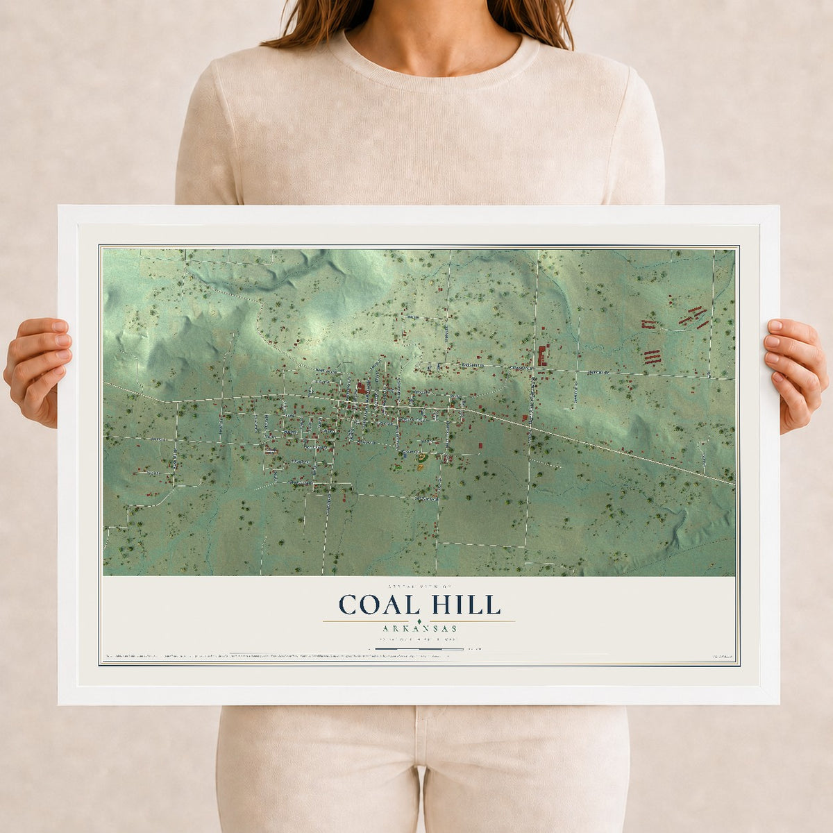 Map of Coal Hill, Arkansas, 12 x 18 inch print in a white wood frame