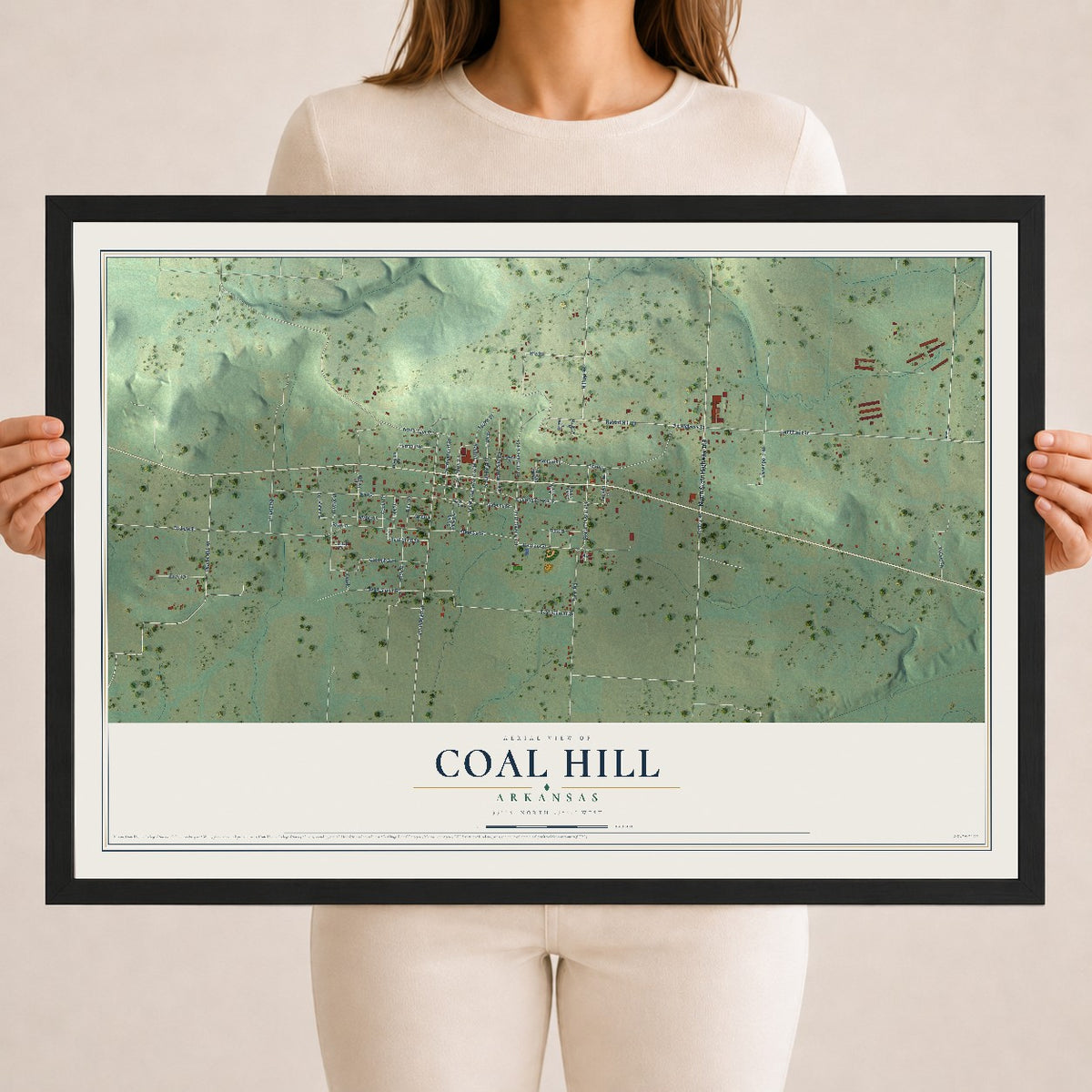 Map of Coal Hill, Arkansas, 18 x 24 inch print in a black wood frame