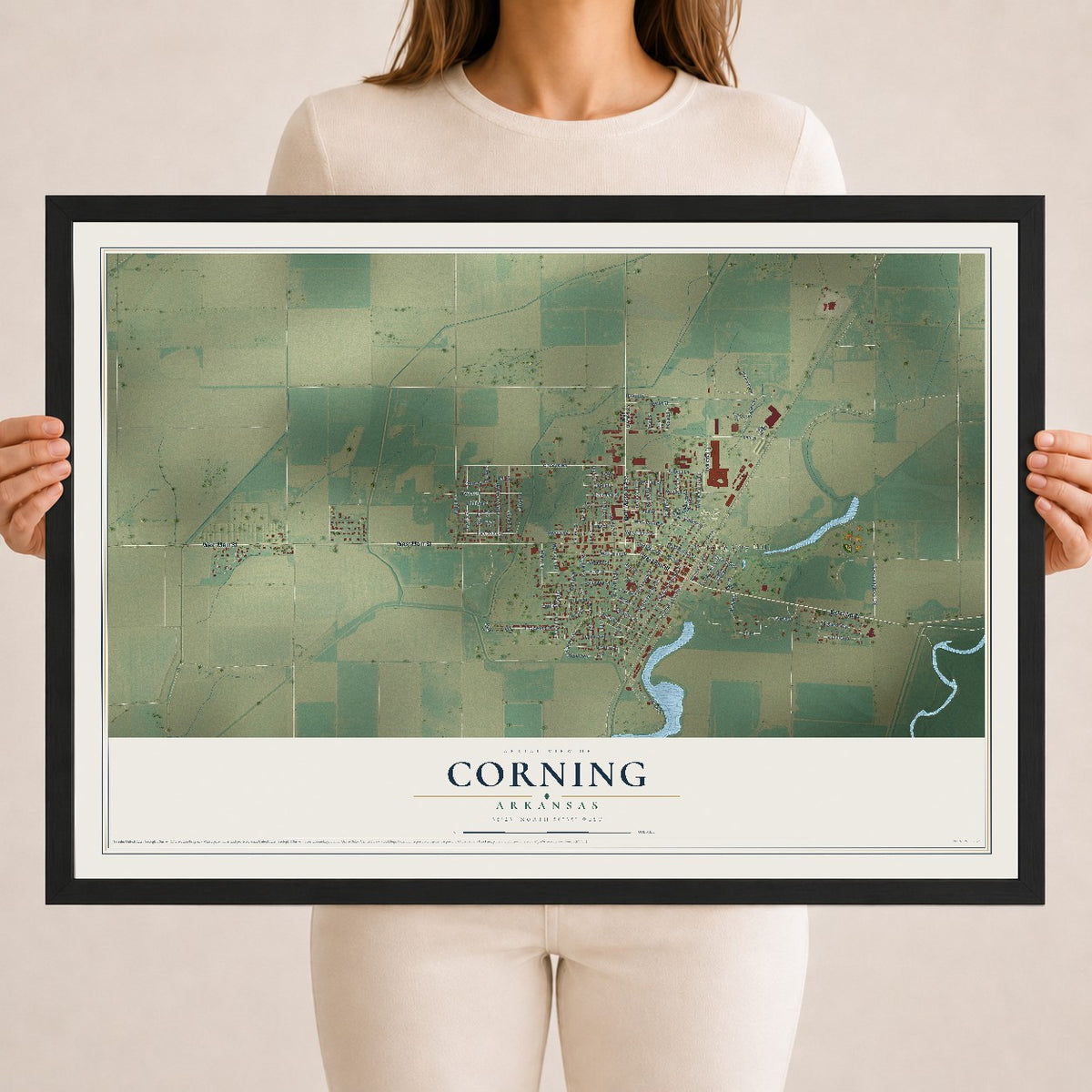 Map of Corning, Arkansas, 18 x 24 inch print in a black wood frame