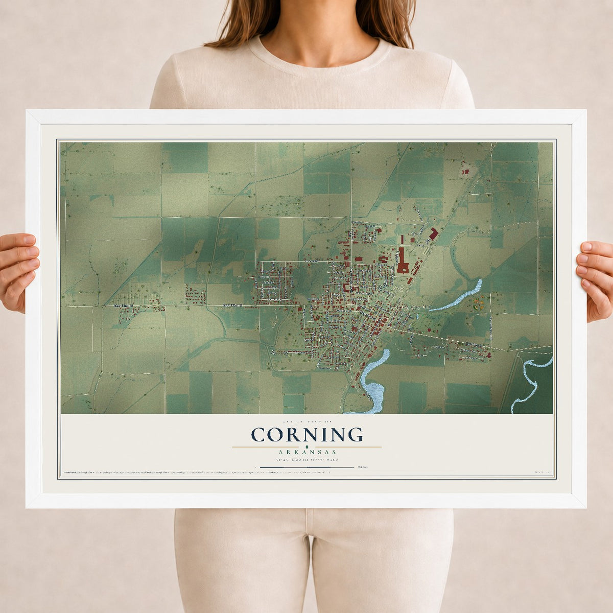 Map of Corning, Arkansas, 18 x 24 inch print in a white wood frame