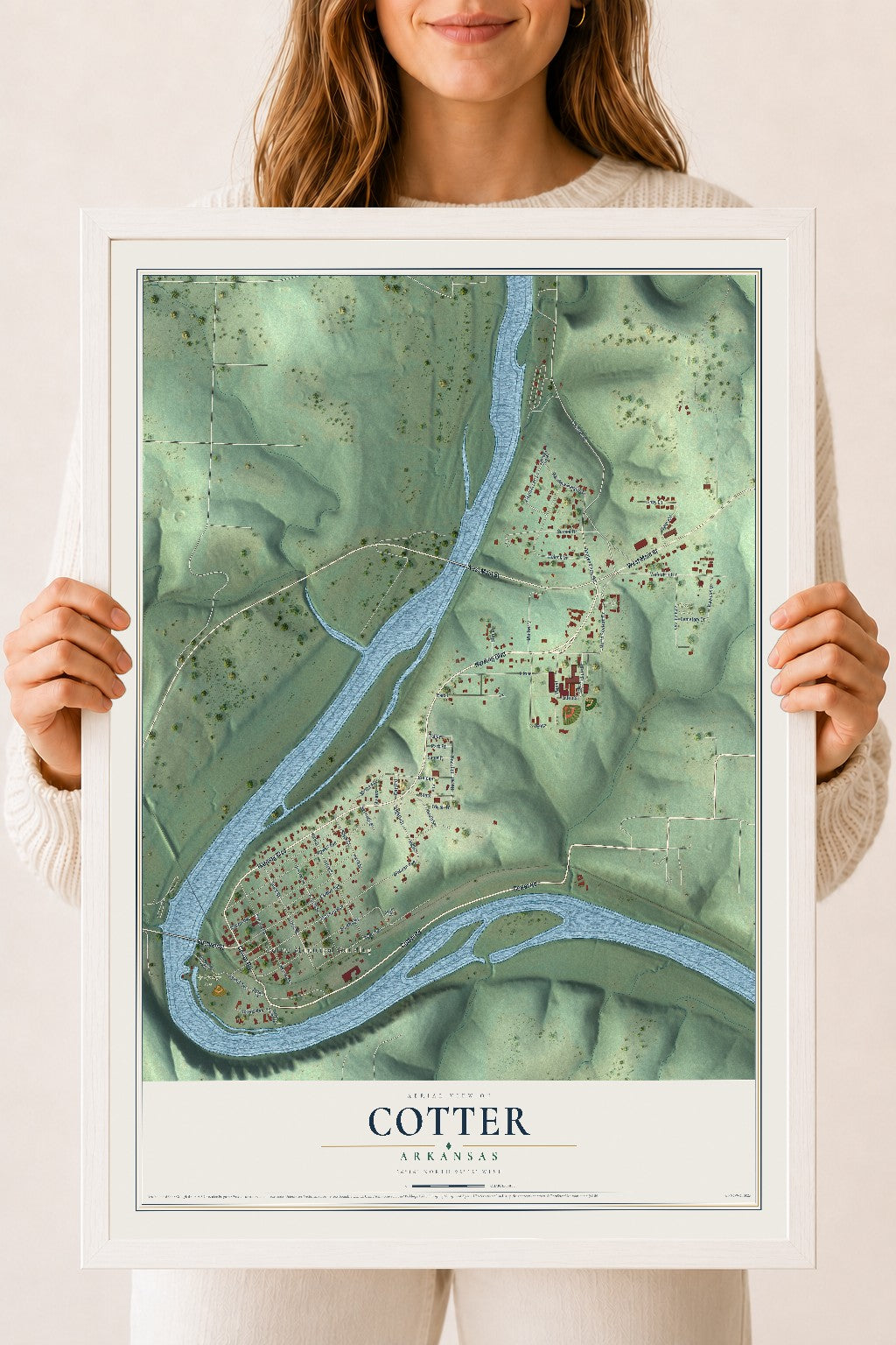 Map of Cotter, Arkansas, 18 x 24 inch print in a white wood frame