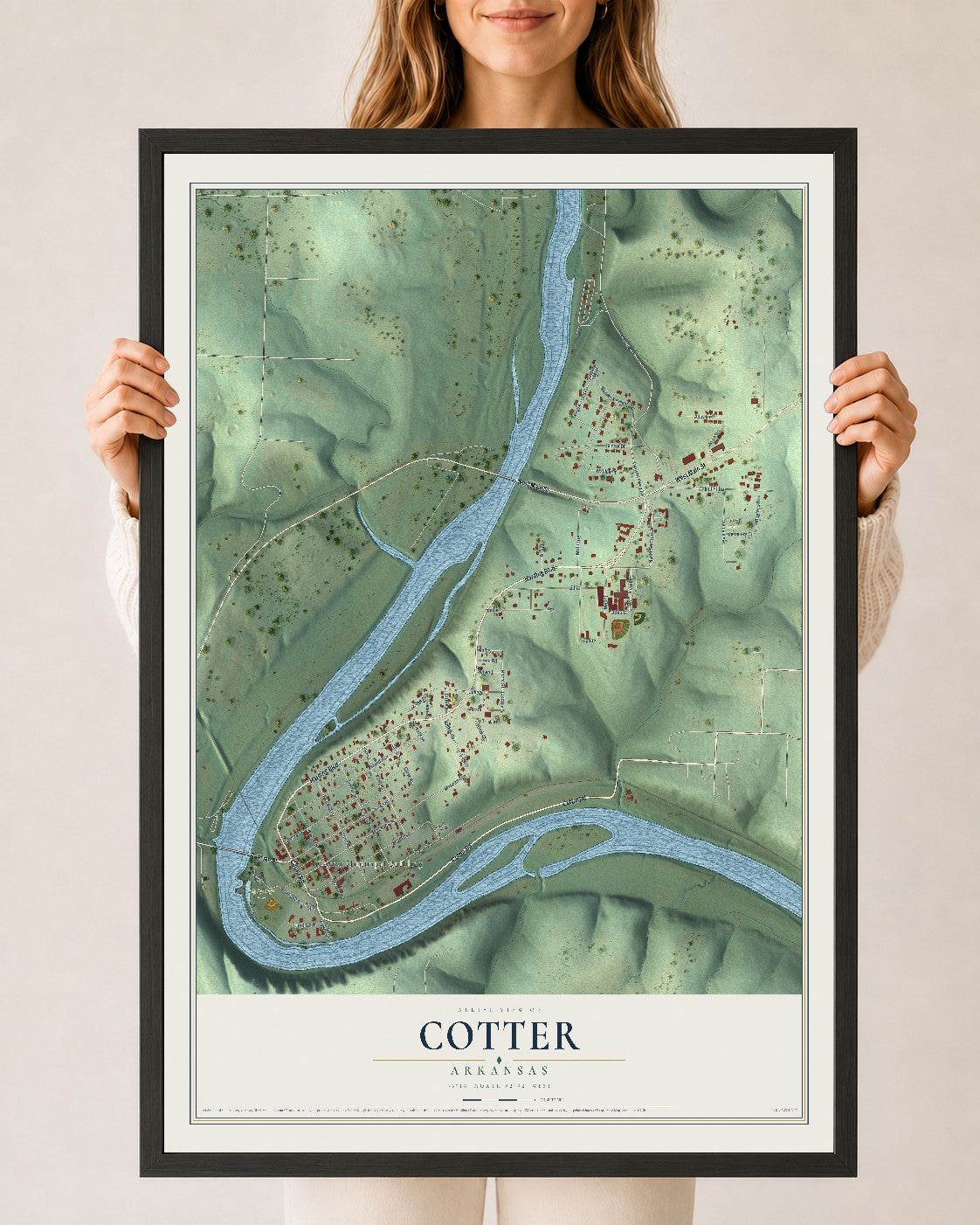 Map of Cotter, Arkansas, 24 x 36 inch print in a black wood frame