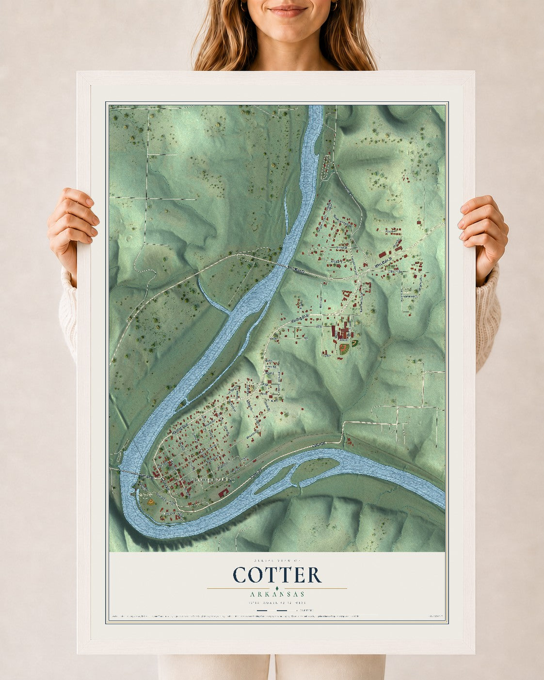 Map of Cotter, Arkansas, 24 x 36 inch print in a white wood frame