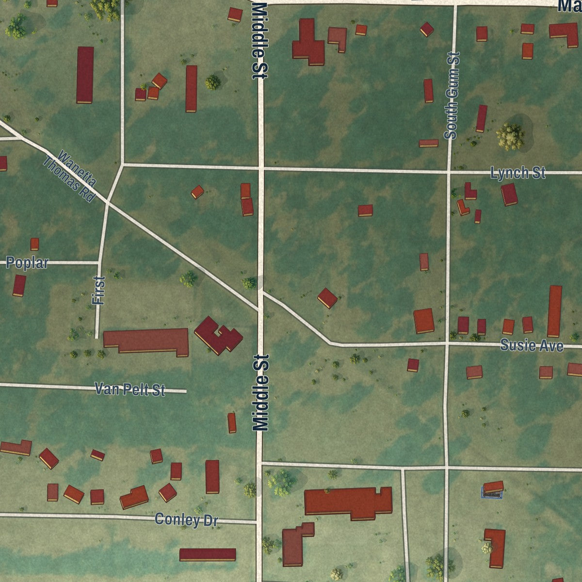 Second close-up of the map of Cotton Plant, Arkansas print showing more streets and buildings