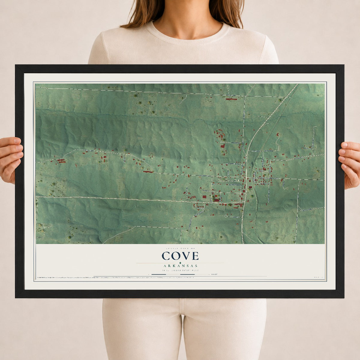 Map of Cove, Arkansas, 18 x 24 inch print in a black wood frame