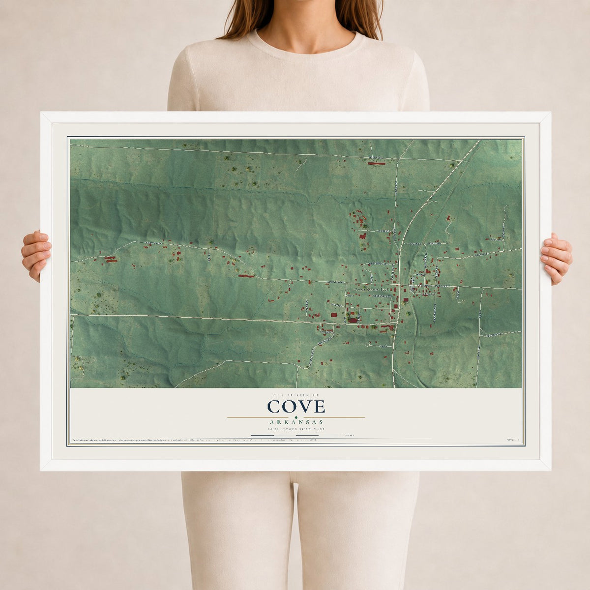 Map of Cove, Arkansas, 24 x 36 inch print in a white wood frame