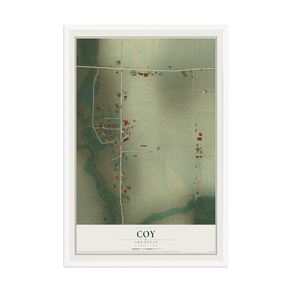 Map of Coy, Arkansas, 12 x 18 inch print in a white wood frame