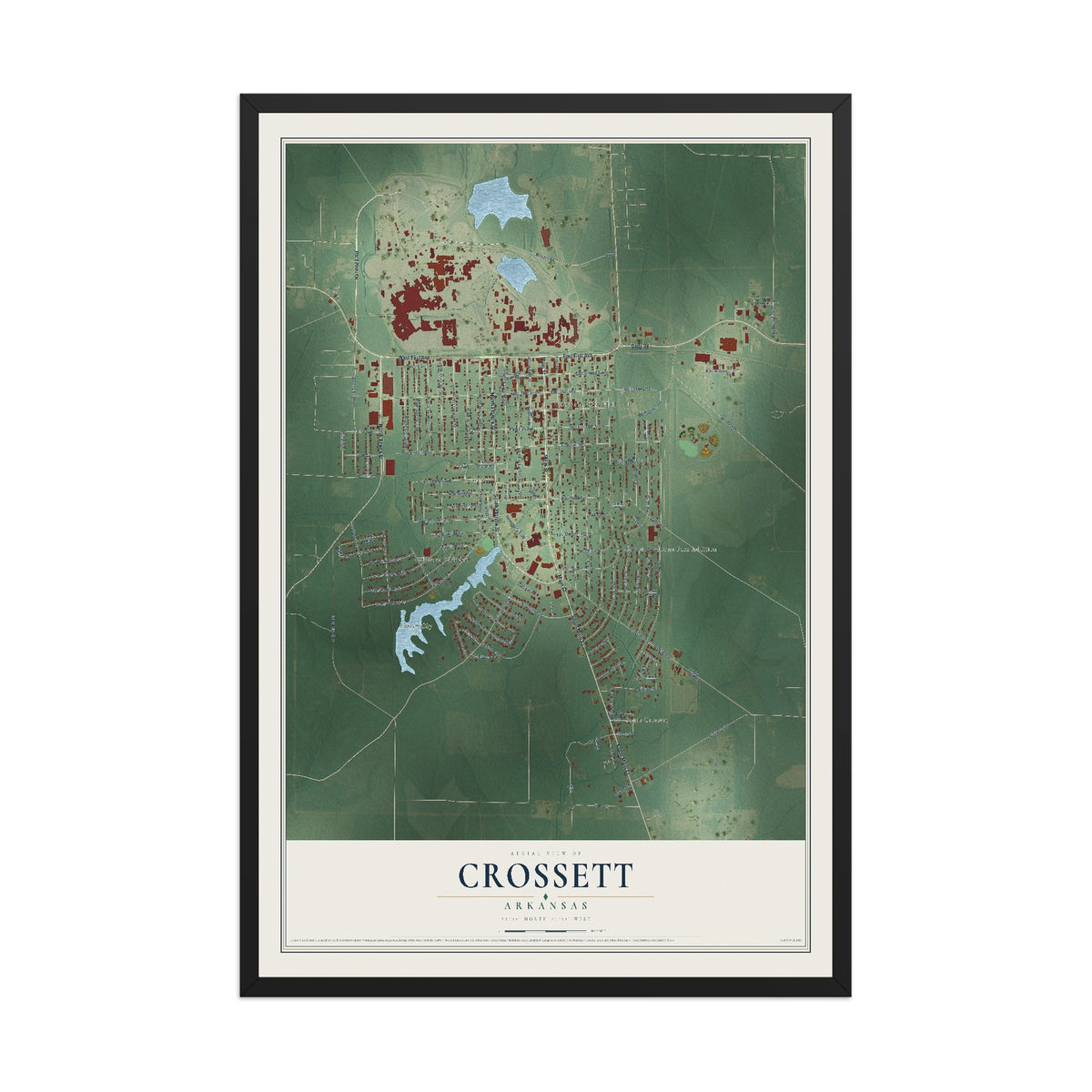 Map of Crossett, Arkansas, 12 x 18 inch print in a black wood frame