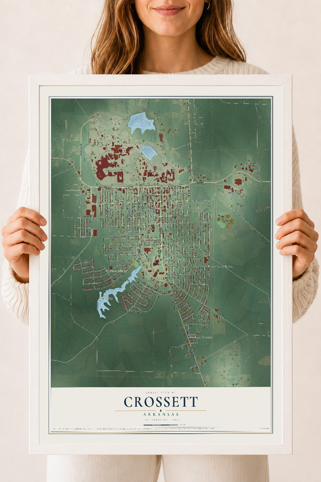 Map of Crossett, Arkansas, 18 x 24 inch print in a white wood frame