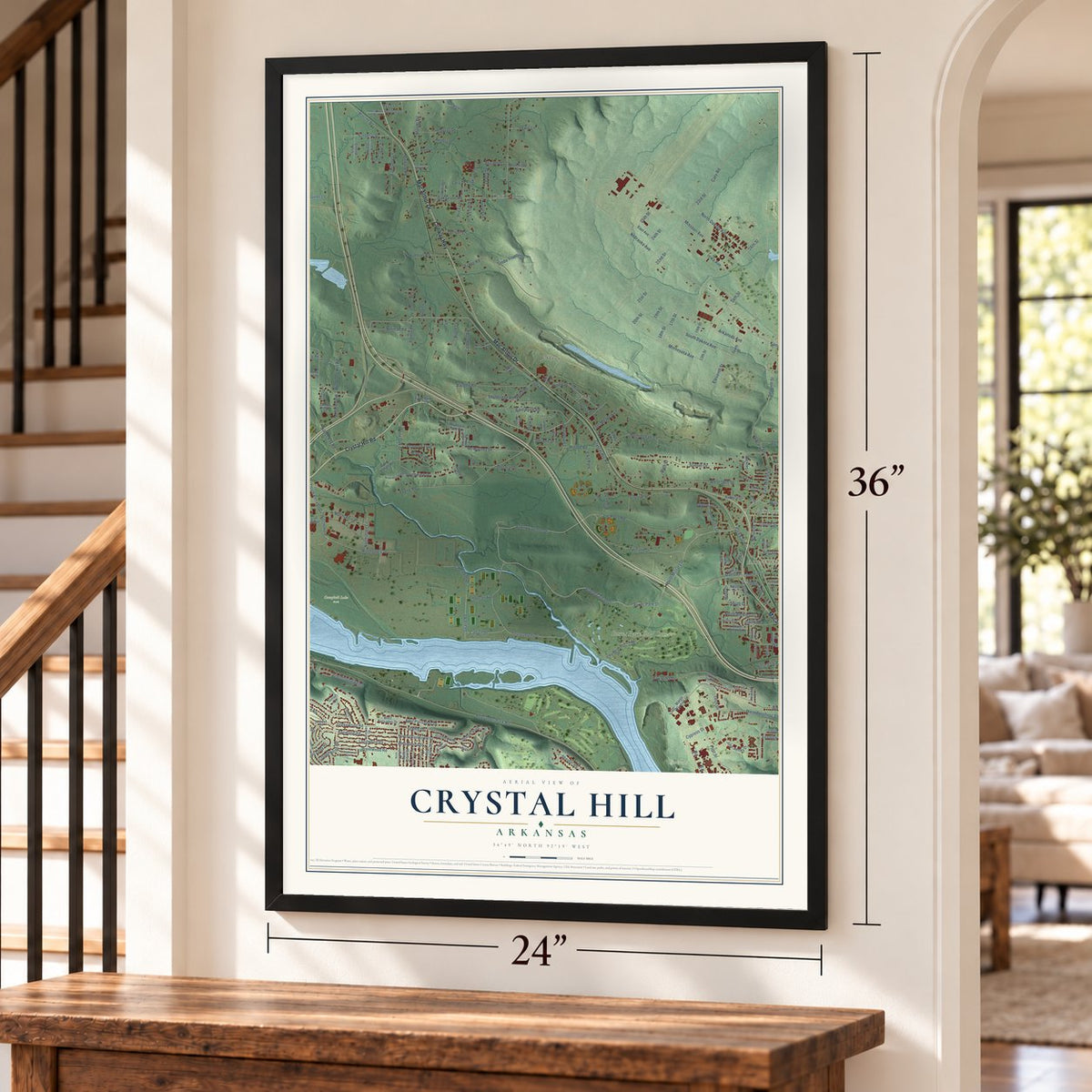 Crystal Hill, Arkansas map, 24 x 36 inch print in a black frame by a staircase