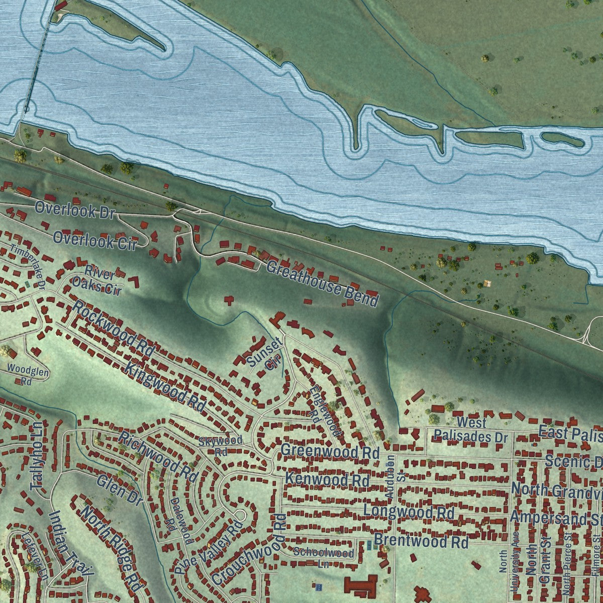 Close-up of the map of Crystal Hill, Arkansas print showing street and building detail