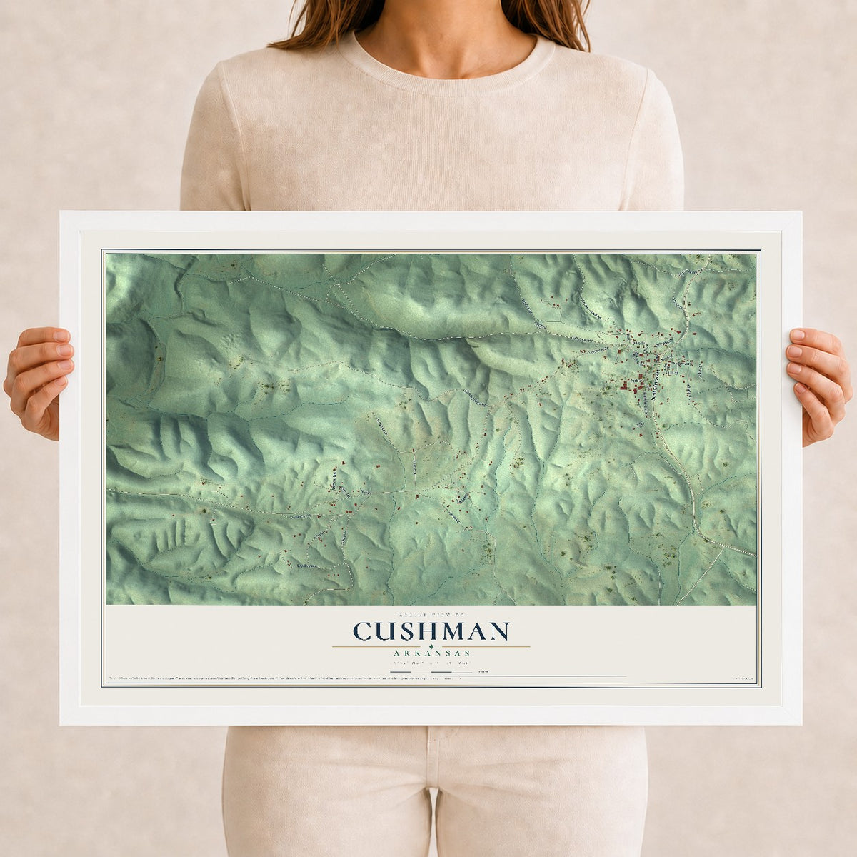 Map of Cushman, Arkansas, 12 x 18 inch print in a white wood frame