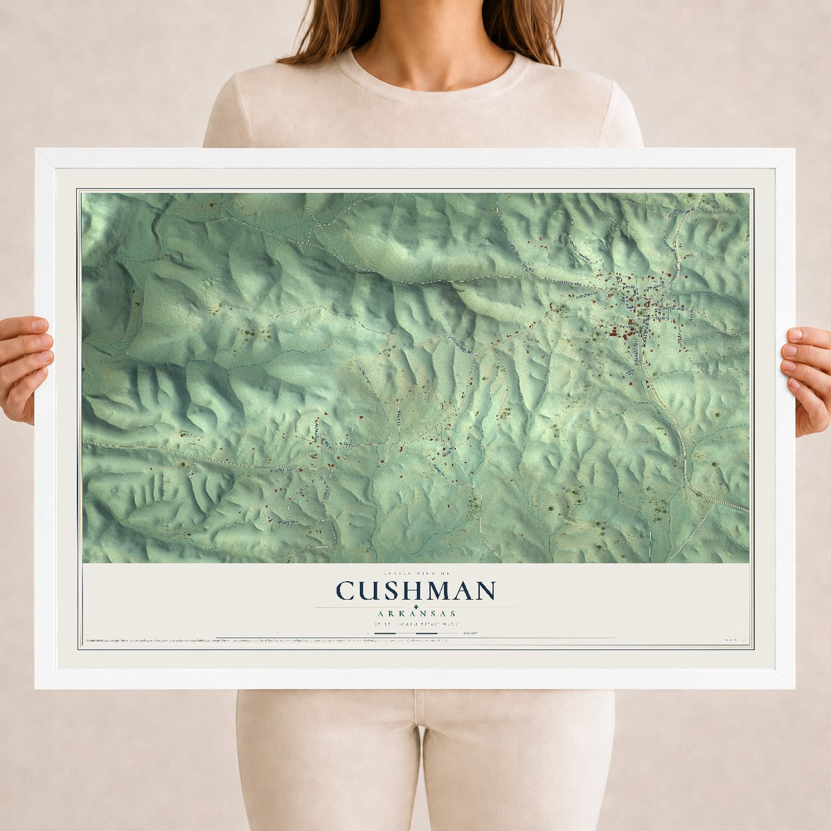 Map of Cushman, Arkansas, 18 x 24 inch print in a white wood frame