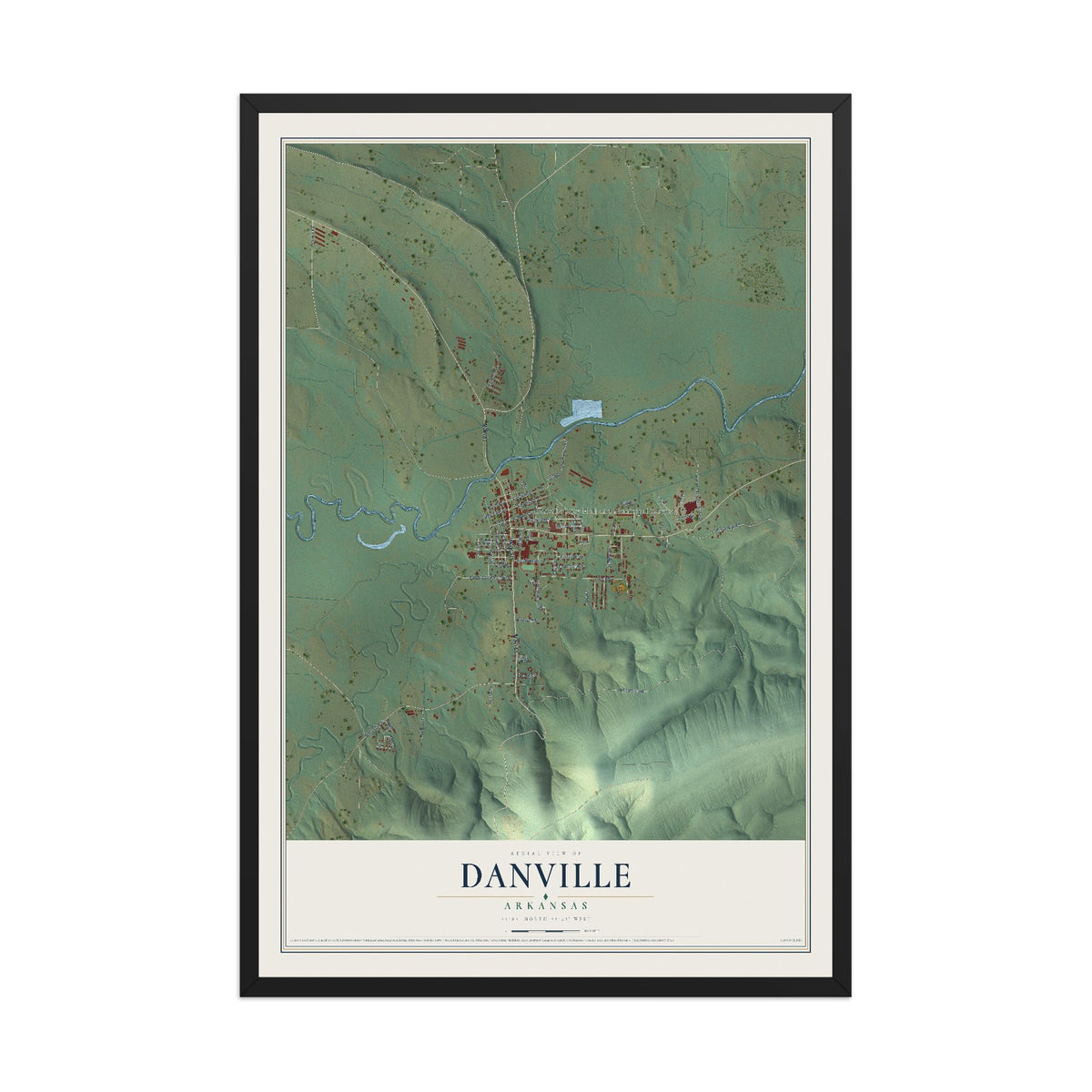 Map of Danville, Arkansas, 12 x 18 inch print in a black wood frame